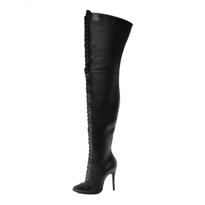 Gucci Calfskin Snakeskin Embossed Harriet Over the Knee High Boots 38 Black 1 of 8