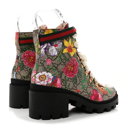 Gucci GG Supreme Monogram Flora Lace Up Combat Ankle Boots 38 Beige Multicolor Red 4 of 11