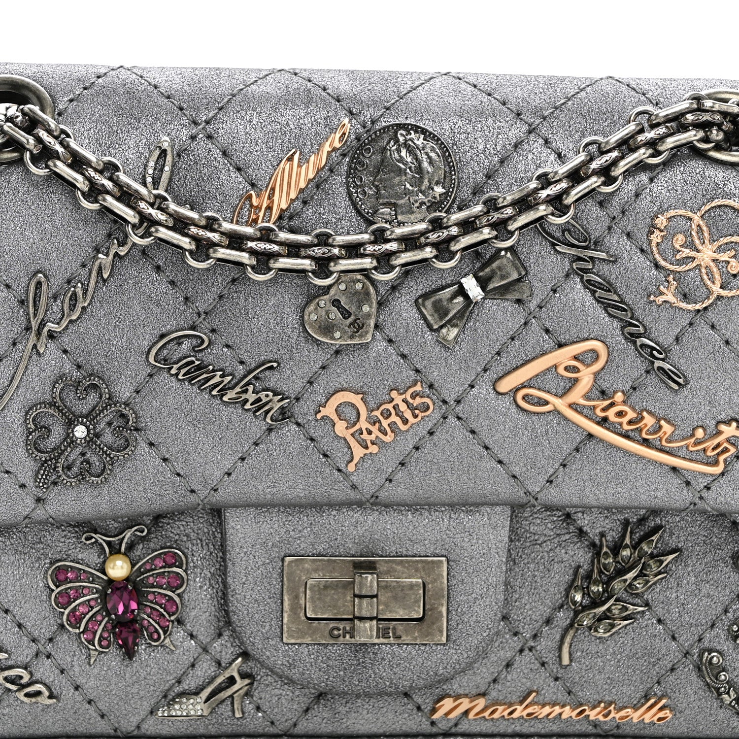 Chanel Metallic Calfskin Quilted Lucky Charms 2.55 Reissue 224 Flap Dark Silver 8 of 10