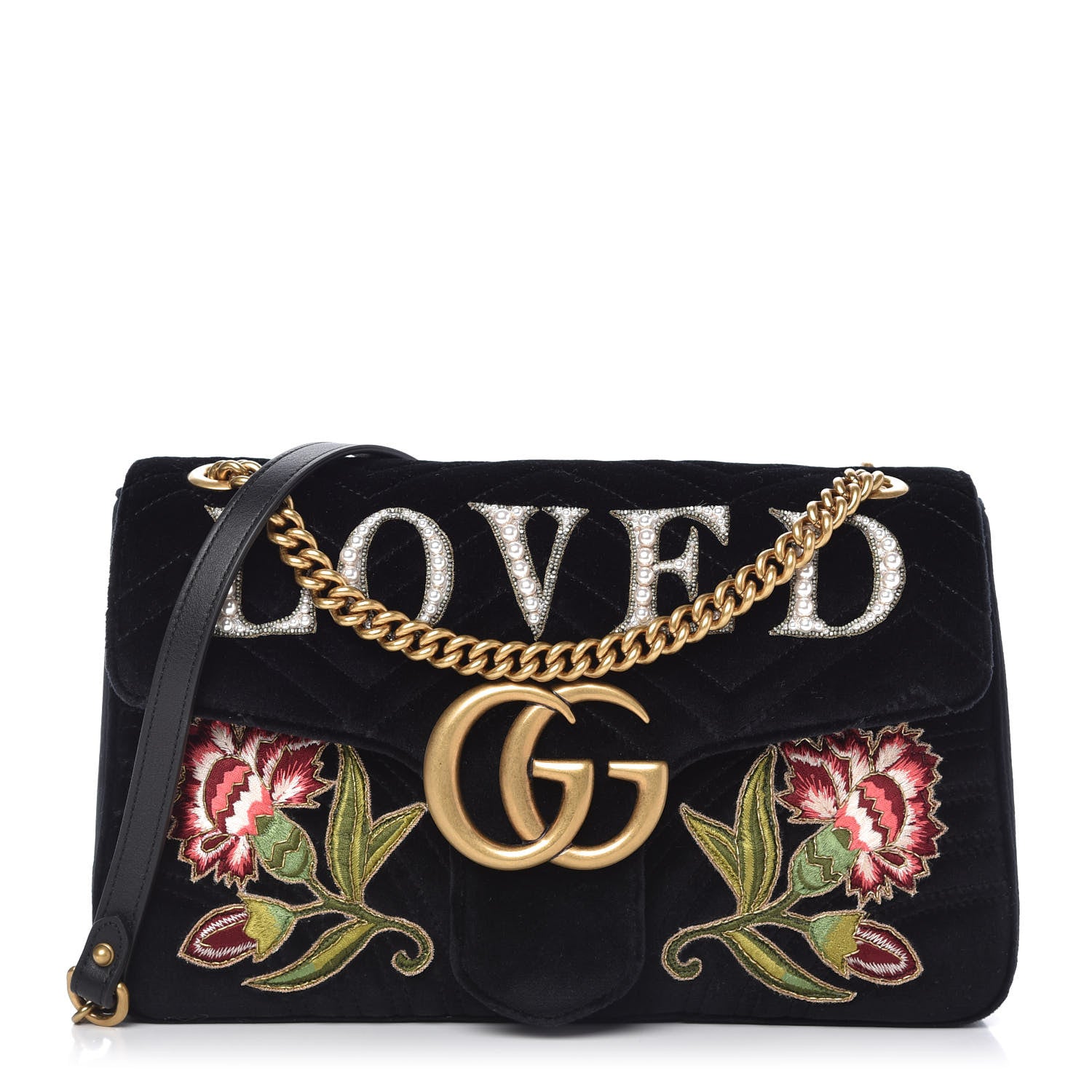 Gucci Velvet Matelasse Loved Embroidered Medium GG Marmont Shoulder Bag Black 1 of 10