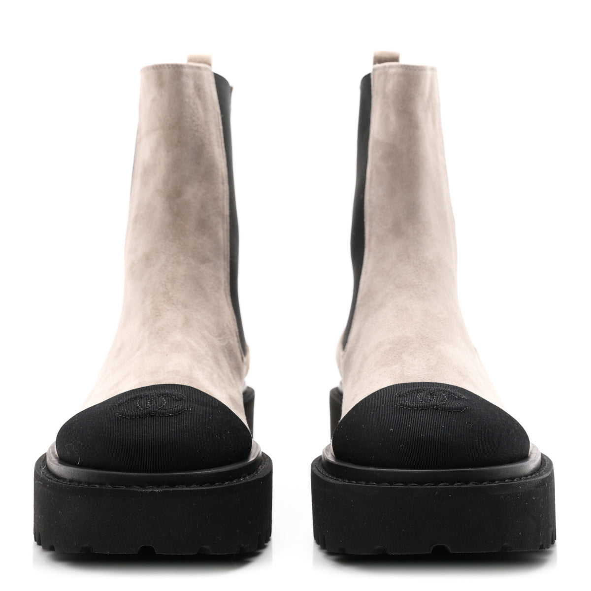Suede Calfskin Grossgrain Cap Toe CC Ankle Boots 37 Light Grey Black
