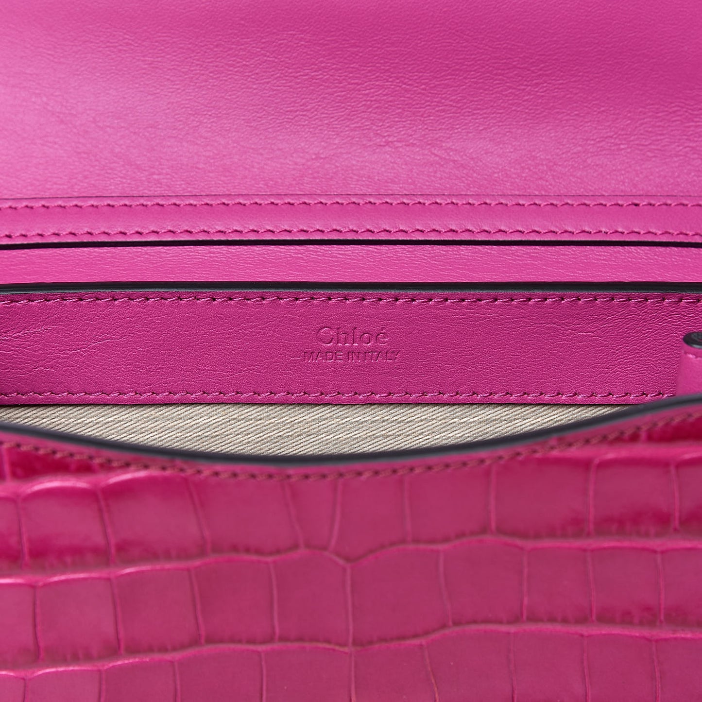Calfskin Crocodile Embossed C Clutch With Chain Graphic Pink