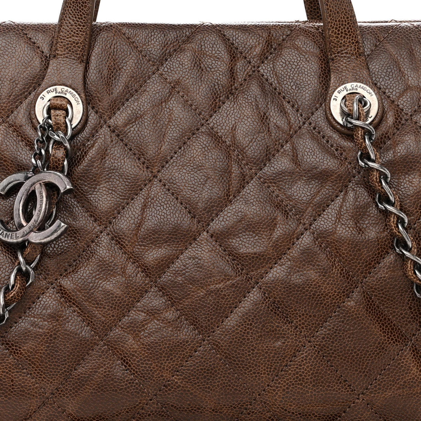 Crumpled Grained Calfskin Quilted CC Crave Tote Brown