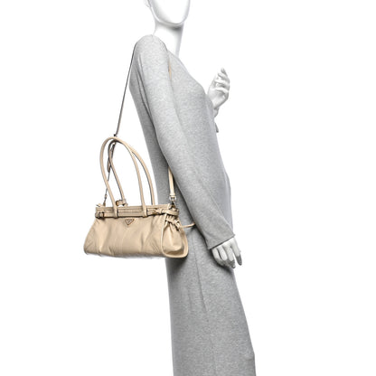 Prada Glossy Calfskin Triangle Medium Bonnie Shoulder Bag Travertine 2 of 10