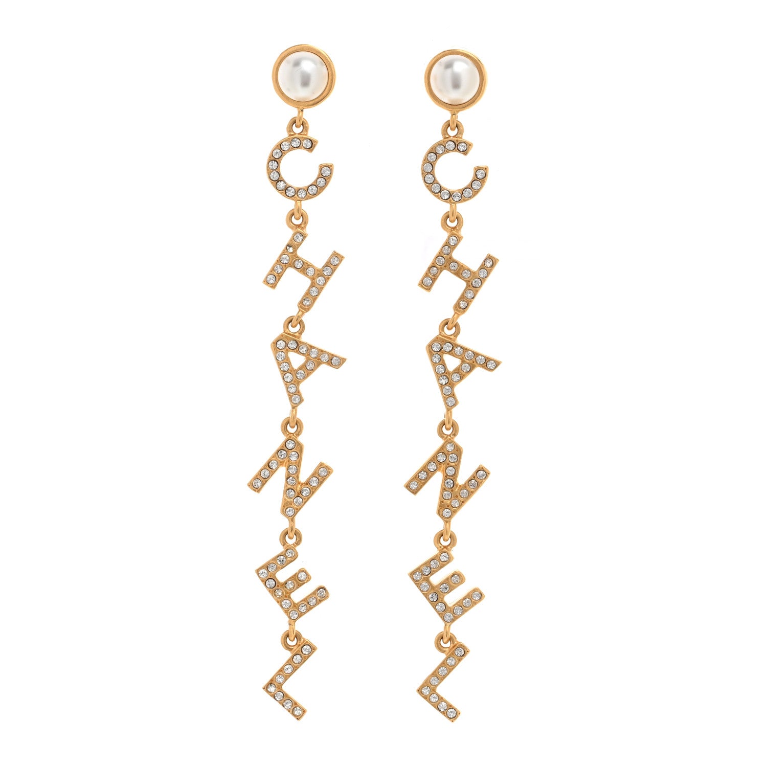 Chanel Crystal Pearl Logo Drop Earrings Gold 1 of 5