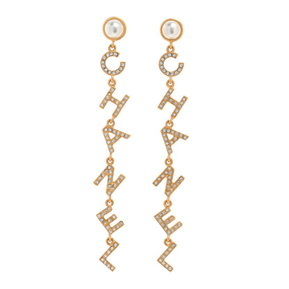 Chanel Crystal Pearl Logo Drop Earrings Gold 1 of 5