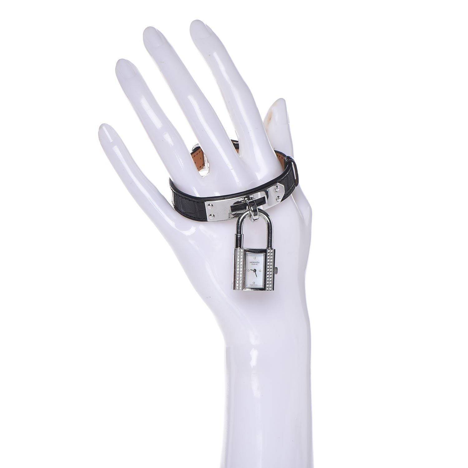 Hermes Stainless Steel Alligator Diamond Mother of Pearl 20mm Kelly Cadena Quartz Watch Noir 2 of 12
