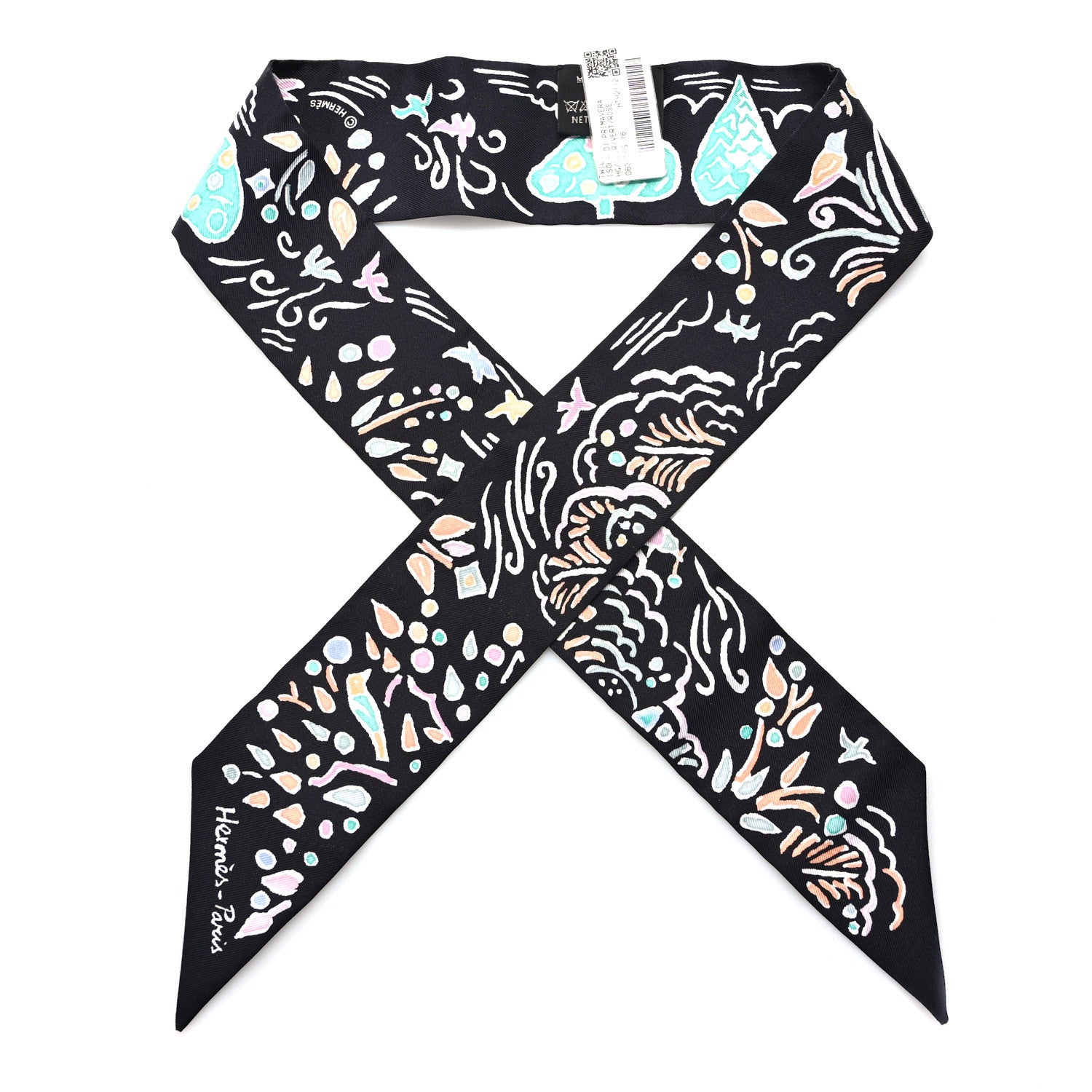 Hermes Silk Isola Di Primavera Twilly Black Vert Rose 1 of 3