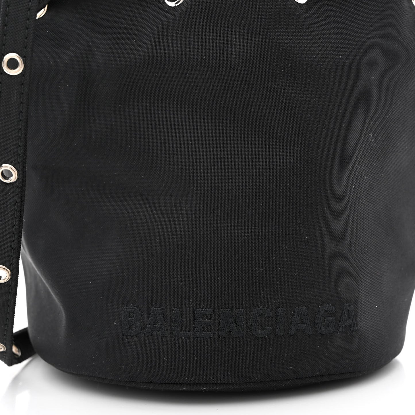 Recycled Sport Nylon Logo Embroidered Wheel Drawstring Bucket Bag Black