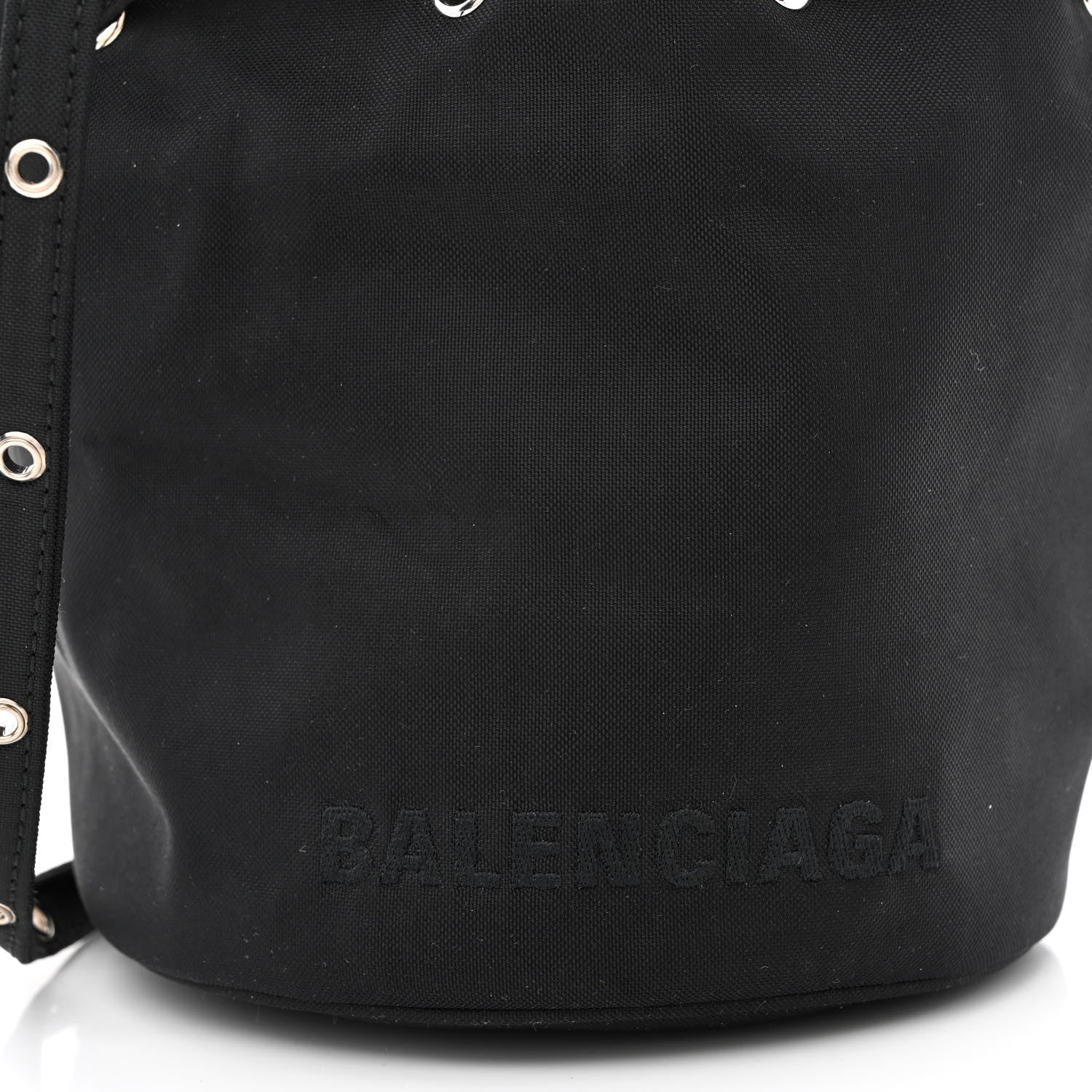Balenciaga Recycled Sport Nylon Logo Embroidered Wheel Drawstring Bucket Bag Black 8 of 10