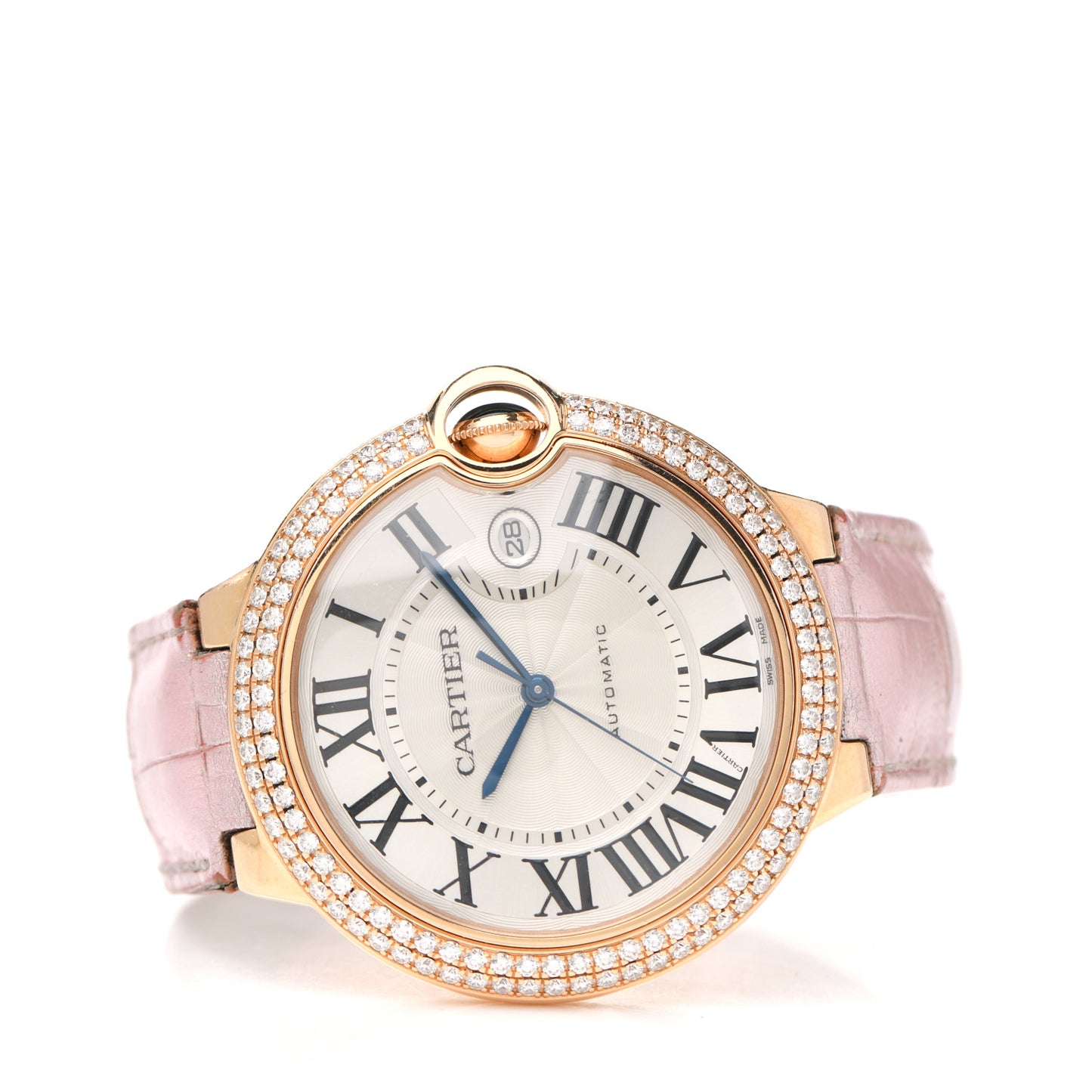 18K Pink Gold Alligator Diamond Pave Bezel 42mm Ballon Bleu De Cartier Automatic Watch