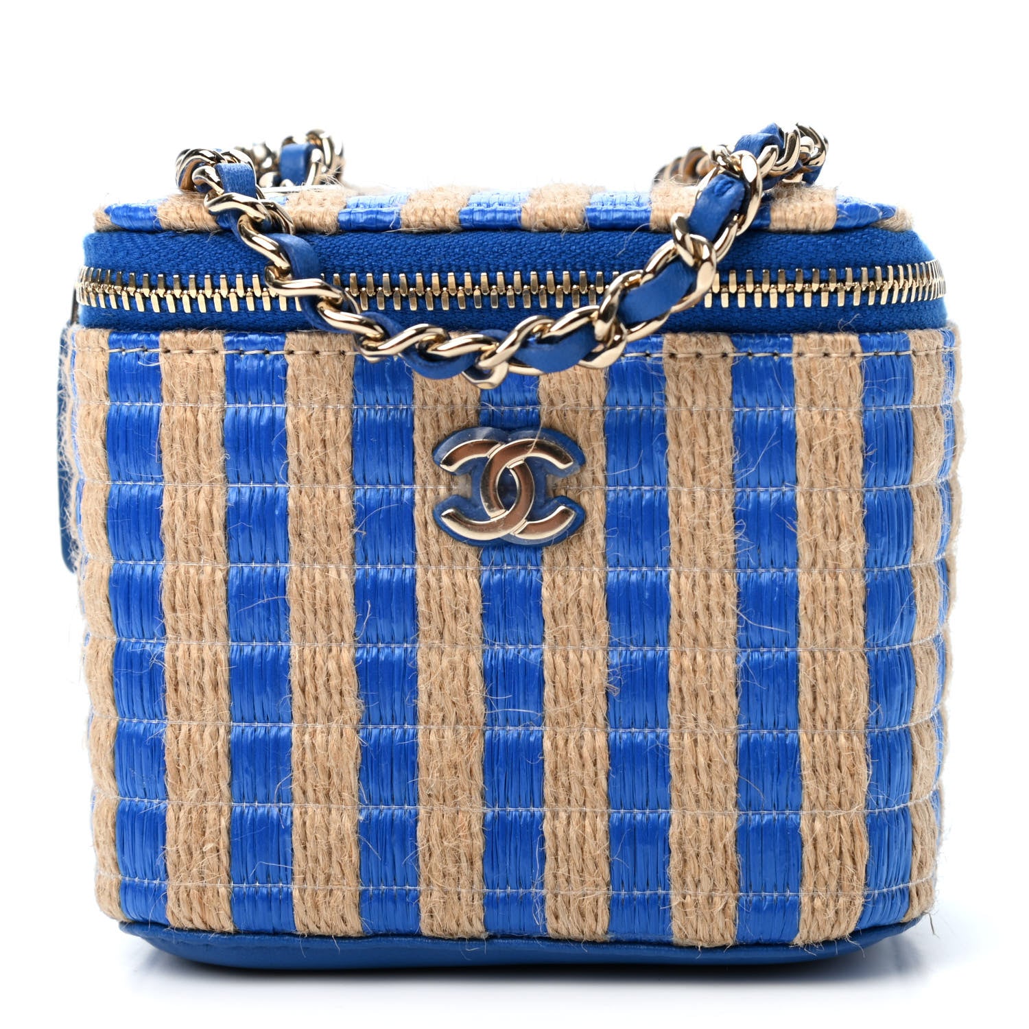 Chanel Raffia Jute Striped Mini Vanity Case With Chain Blue Beige 1 of 4