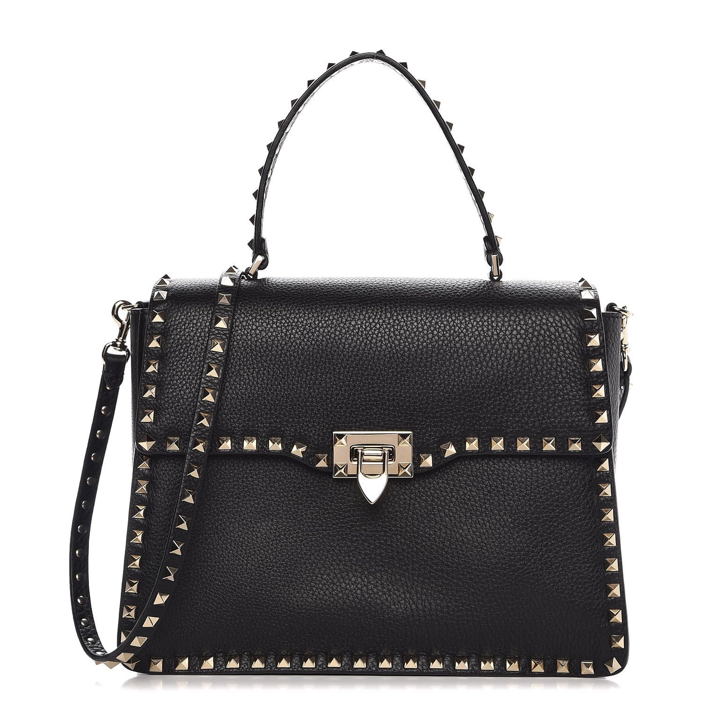 Grained Calfskin Rockstud Top Handle Flap Shoulder Bag Black