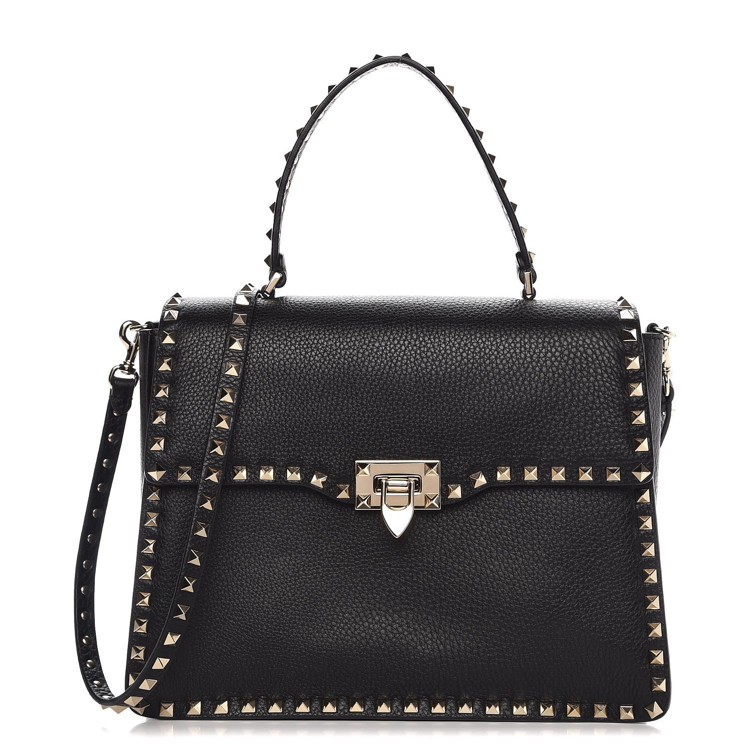 Valentino Garavani Grained Calfskin Rockstud Top Handle Flap Shoulder Bag Black 1 of 10