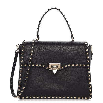 Valentino Garavani Grained Calfskin Rockstud Top Handle Flap Shoulder Bag Black 1 of 10