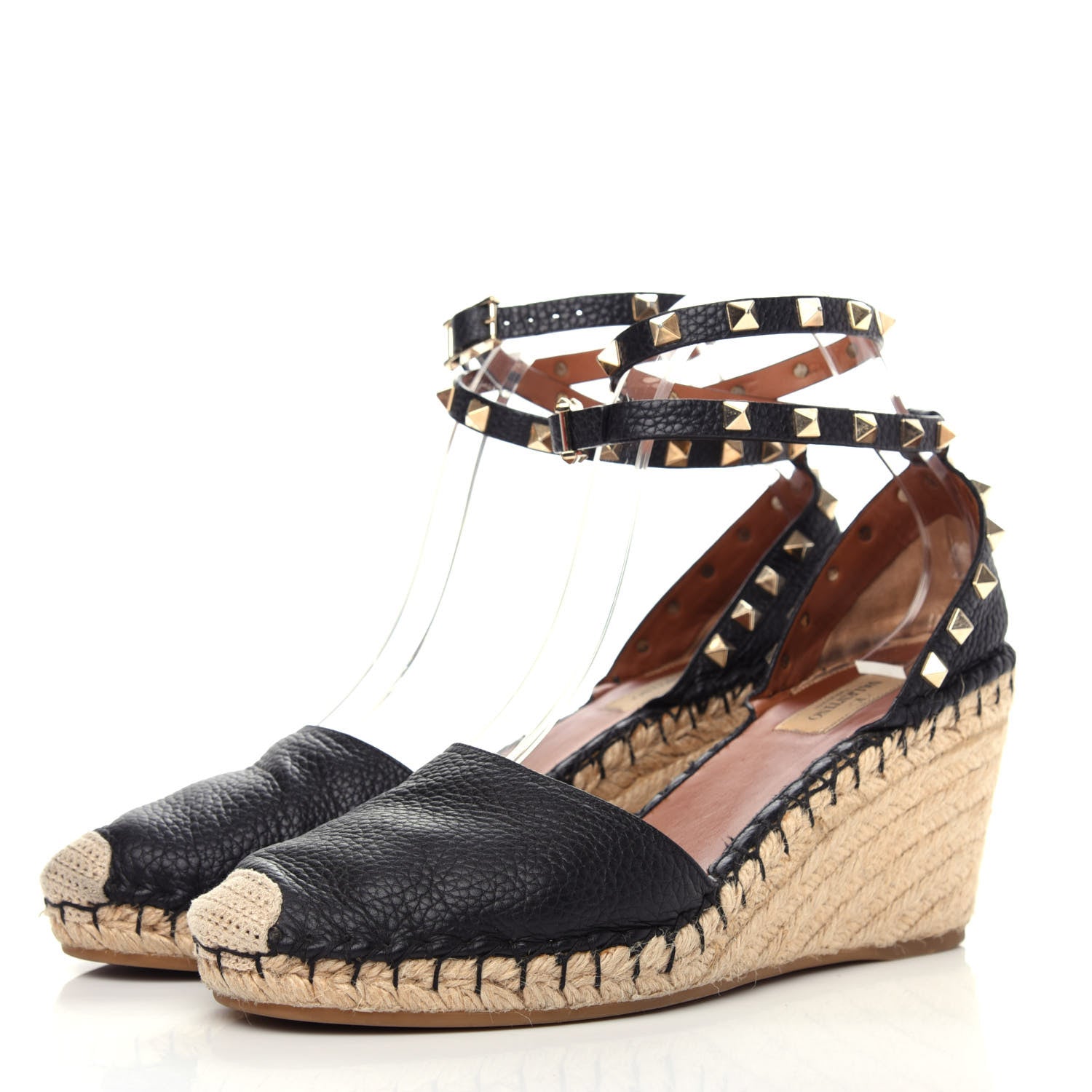 Valentino Garavani Grained Calfskin Rockstud Ankle Wrap Espadrille 15/85mm Wedges 41 Black Light Cuir 3 of 11