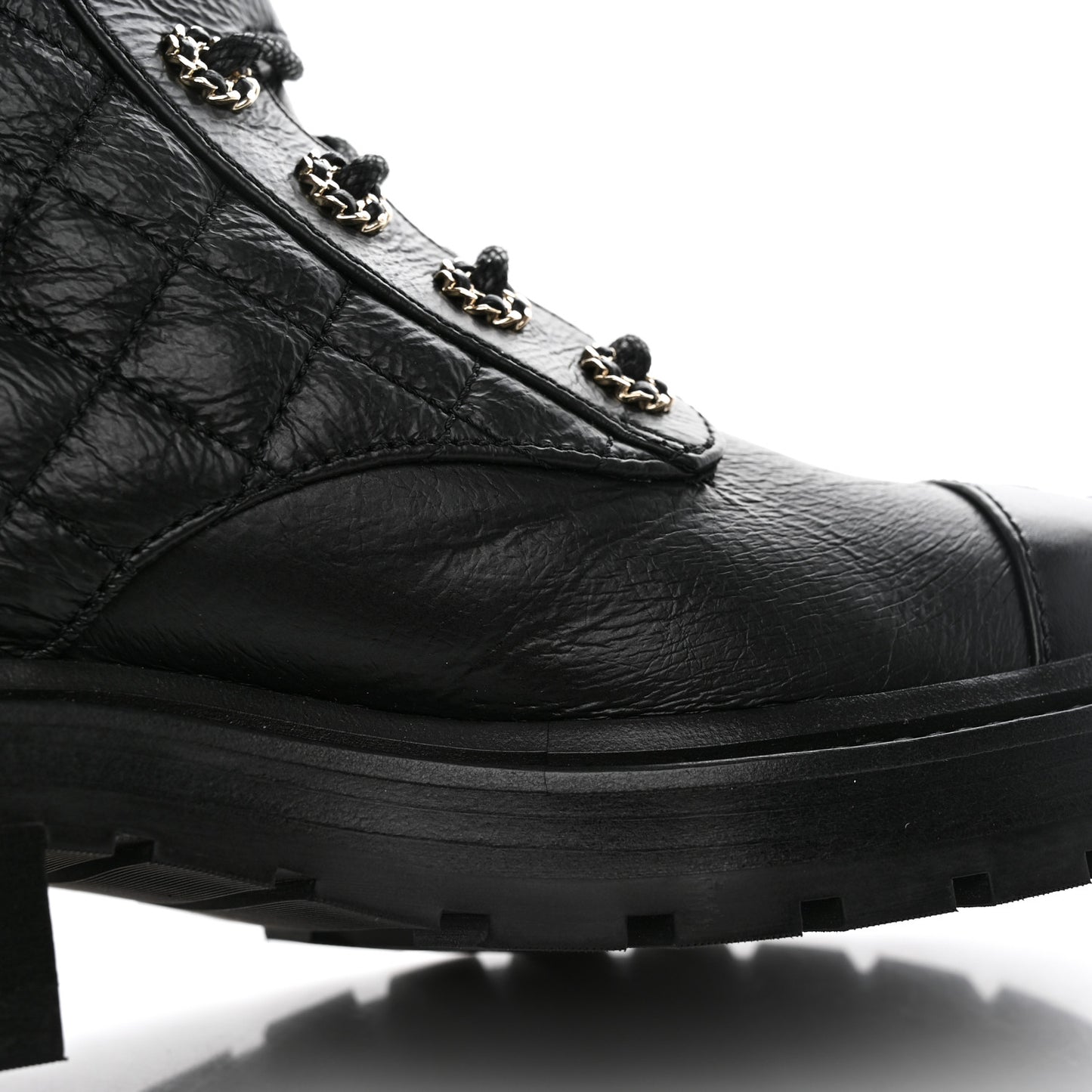 Shiny Calfskin Quilted Lace Up Combat Boots 36.5 Black