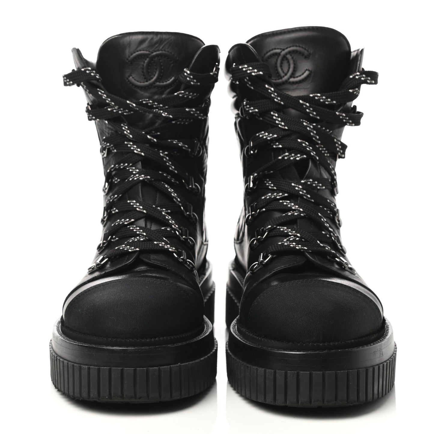 Calfskin Grosgrain Quilted Lace Up Boots 38 Black Grey