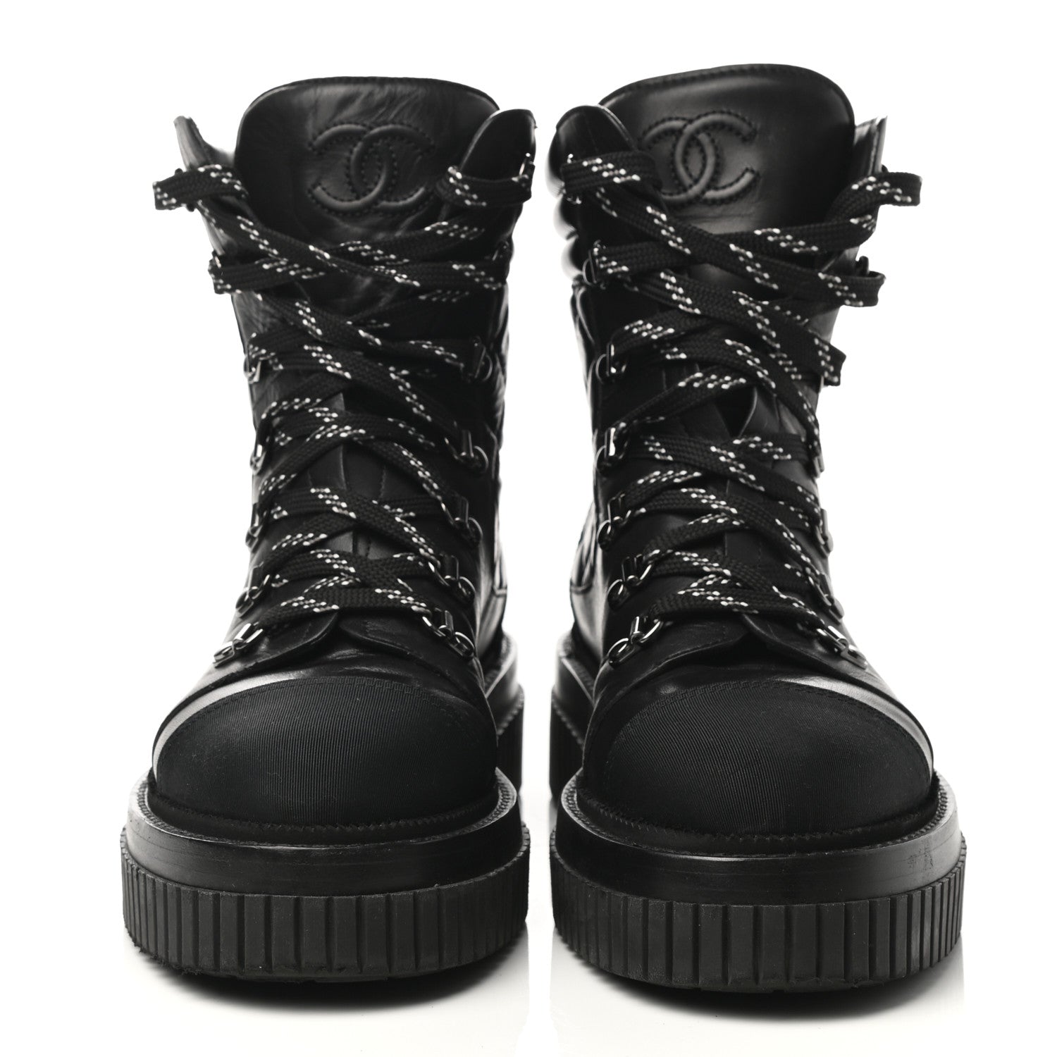 Chanel Calfskin Grosgrain Quilted Lace Up Boots 38 Black Grey 2 of 8