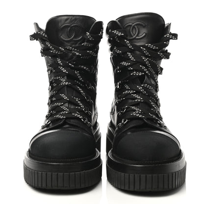 Chanel Calfskin Grosgrain Quilted Lace Up Boots 38 Black Grey 2 of 8