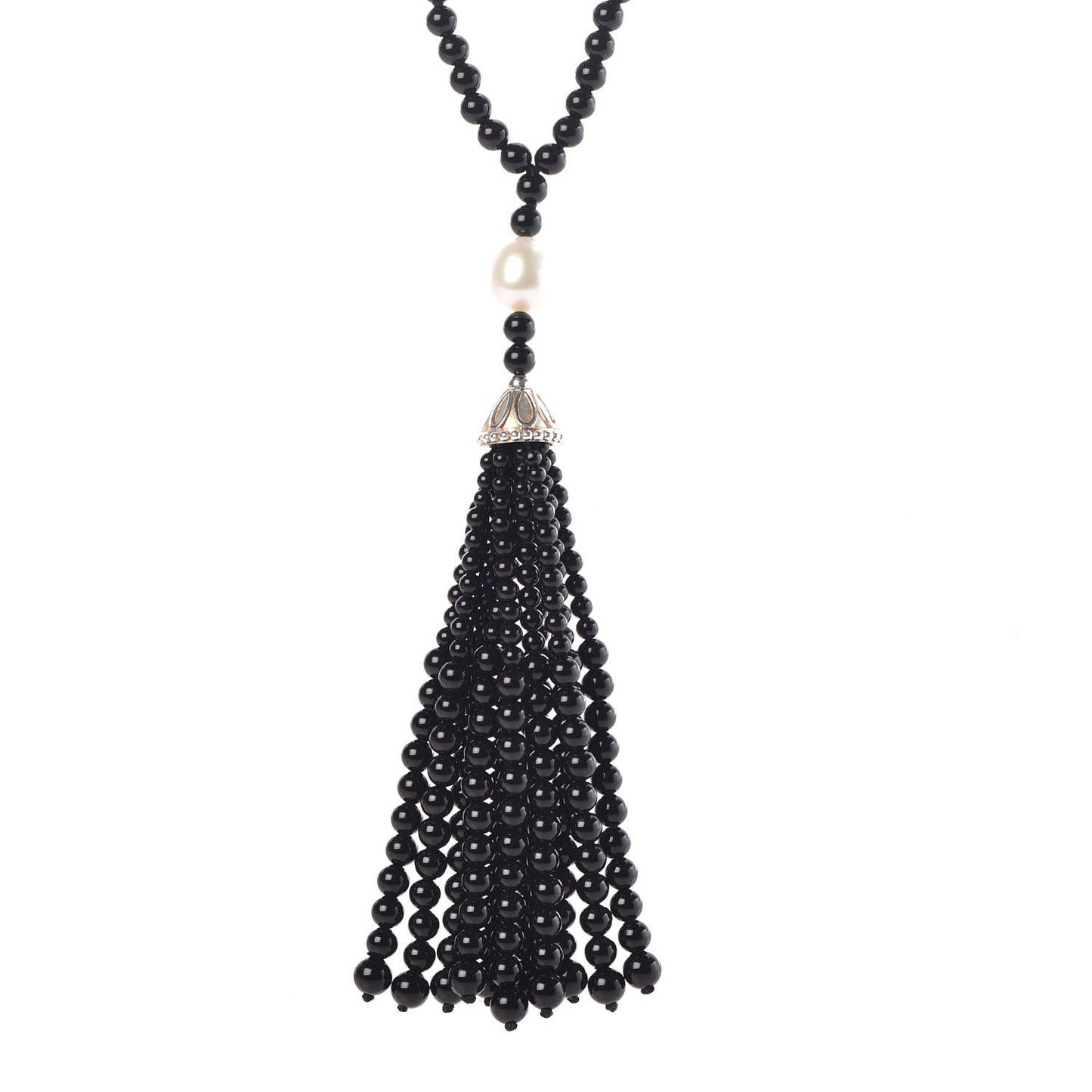 Sterling Silver Black Onyx Freshwater Pearl Ziegfeld Tassel Necklace