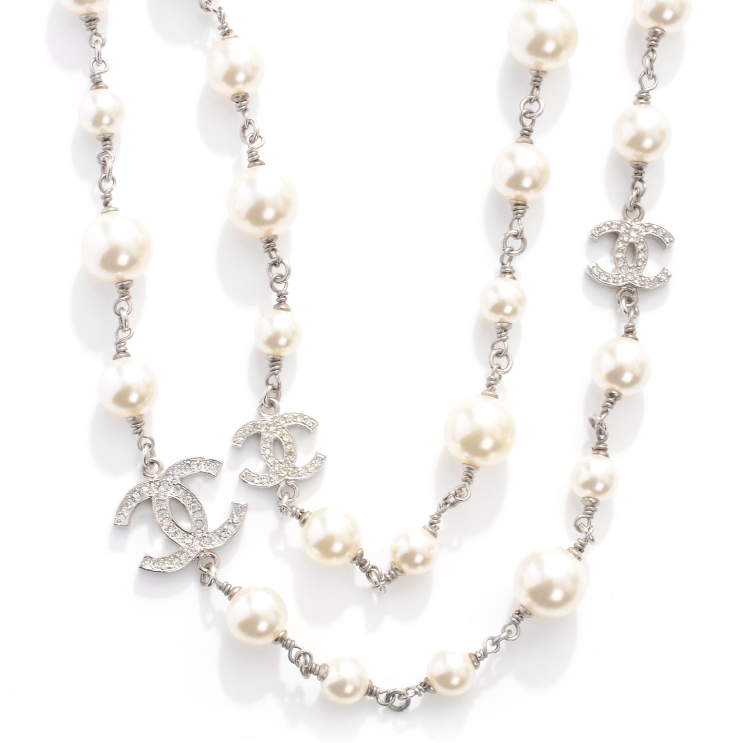 Crystal Pearl CC Long Necklace Silver