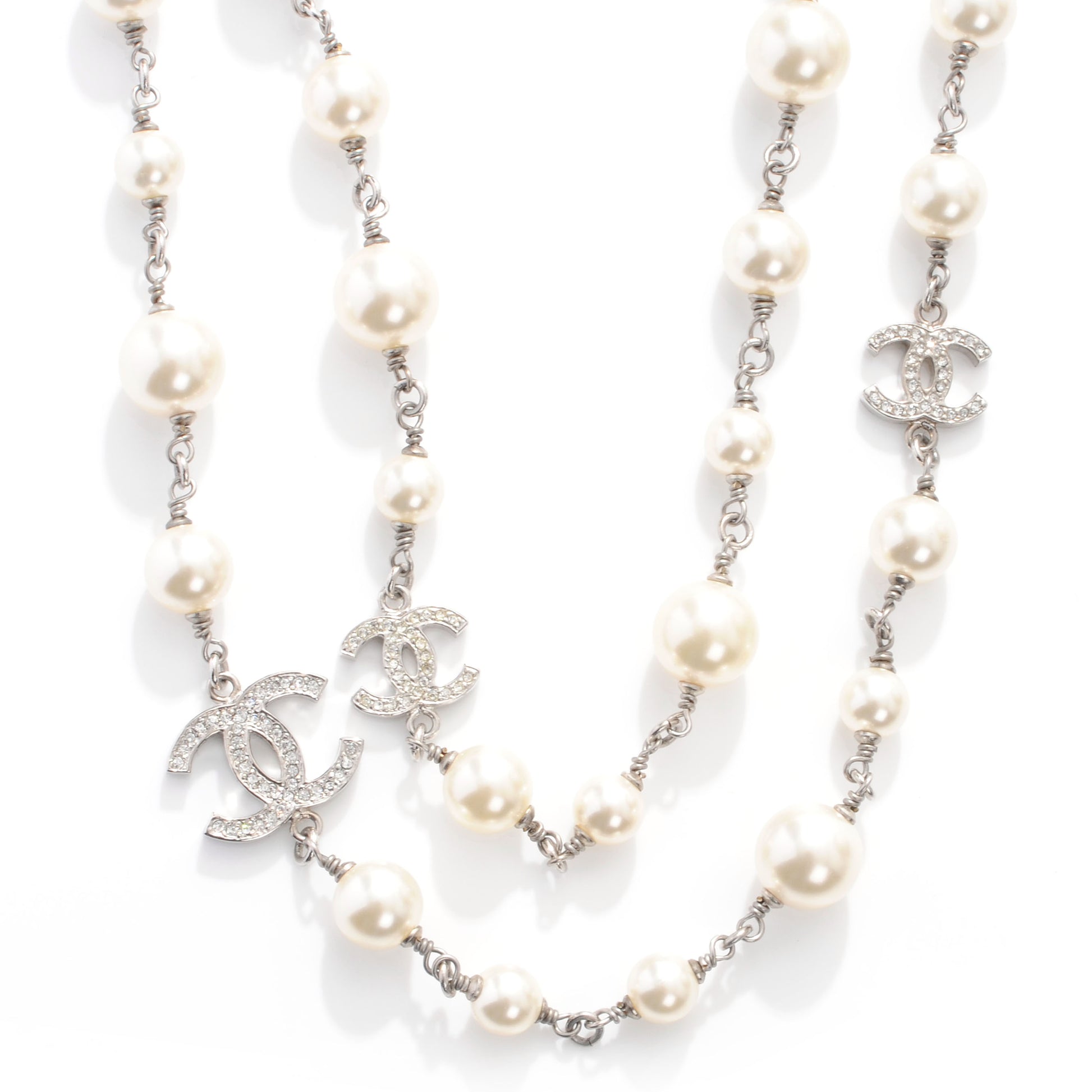 Chanel Crystal Pearl CC Long Necklace Silver 1 of 5
