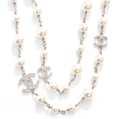 Chanel Crystal Pearl CC Long Necklace Silver 1 of 5
