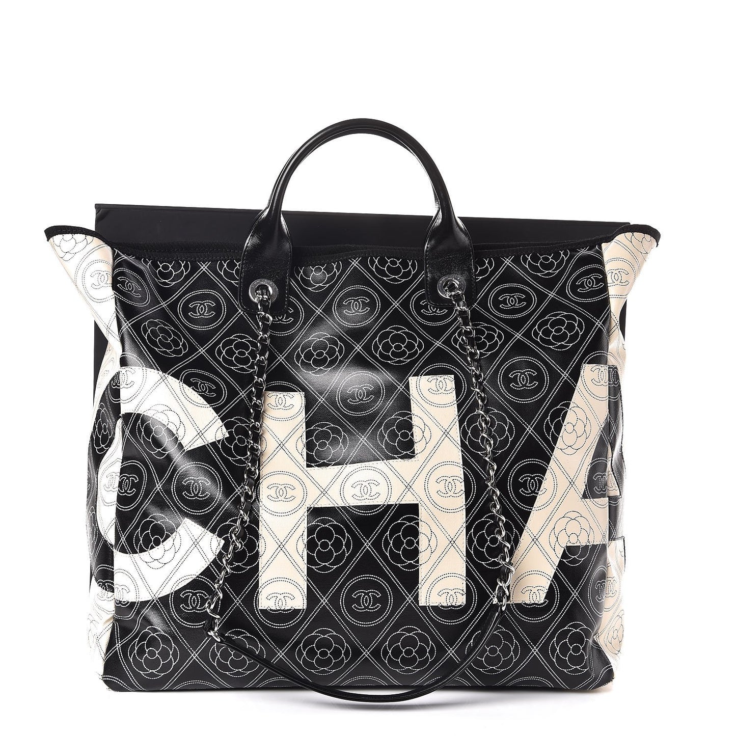 Coated Canvas Camellia Medium Shopping Tote Black Beige