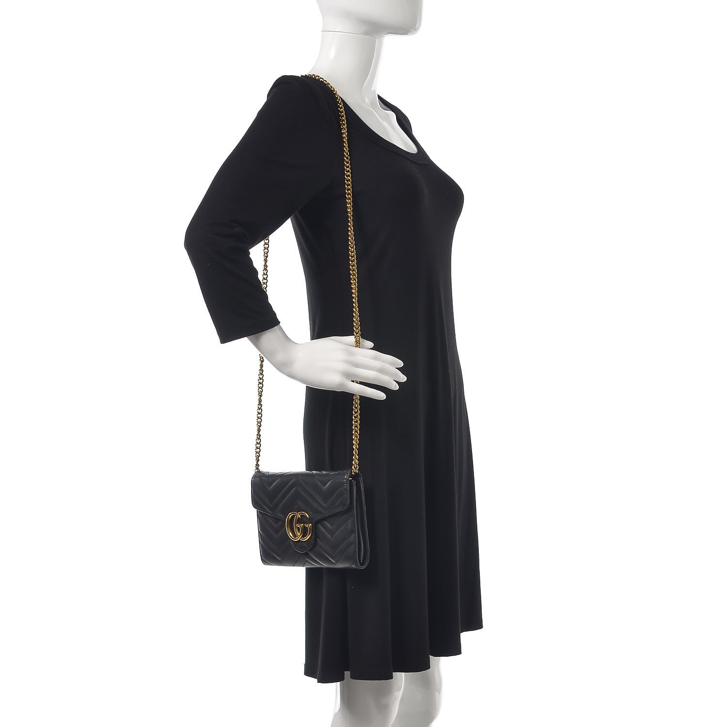 Gucci Calfskin Matelasse Mini GG Marmont Chain Wallet Black 2 of 17