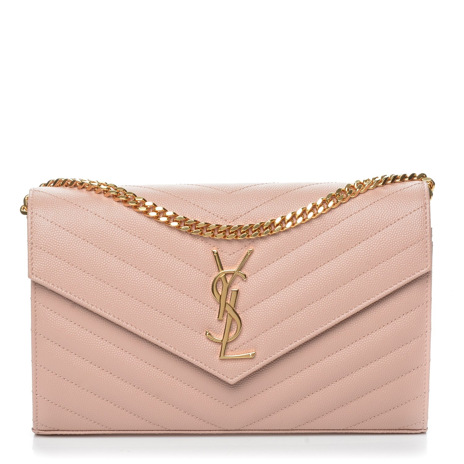 Saint Laurent Grain De Poudre Matelasse Chevron Monogram Chain Wallet Pale Pink 1 of 8