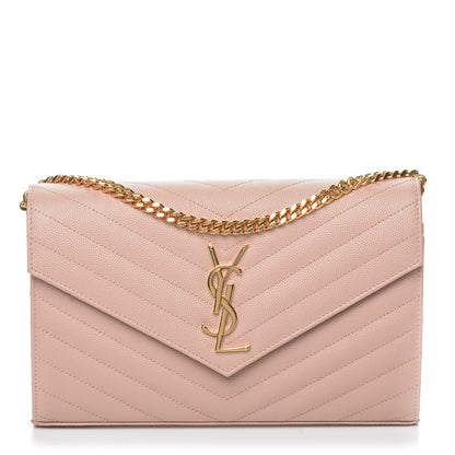 Saint Laurent Grain De Poudre Matelasse Chevron Monogram Chain Wallet Pale Pink 1 of 8