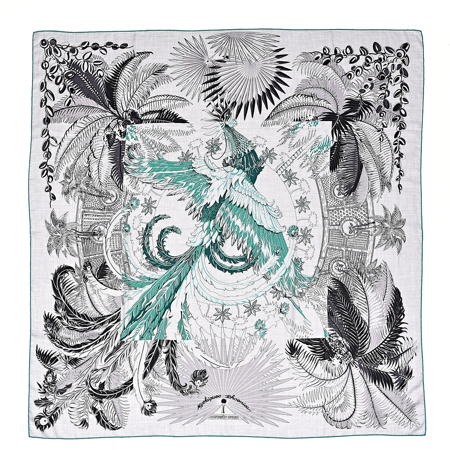 Hermes Cashmere Silk Mythiques Phoenix Coloriage Shawl 140 Gris Chine Black Vert 1 of 5