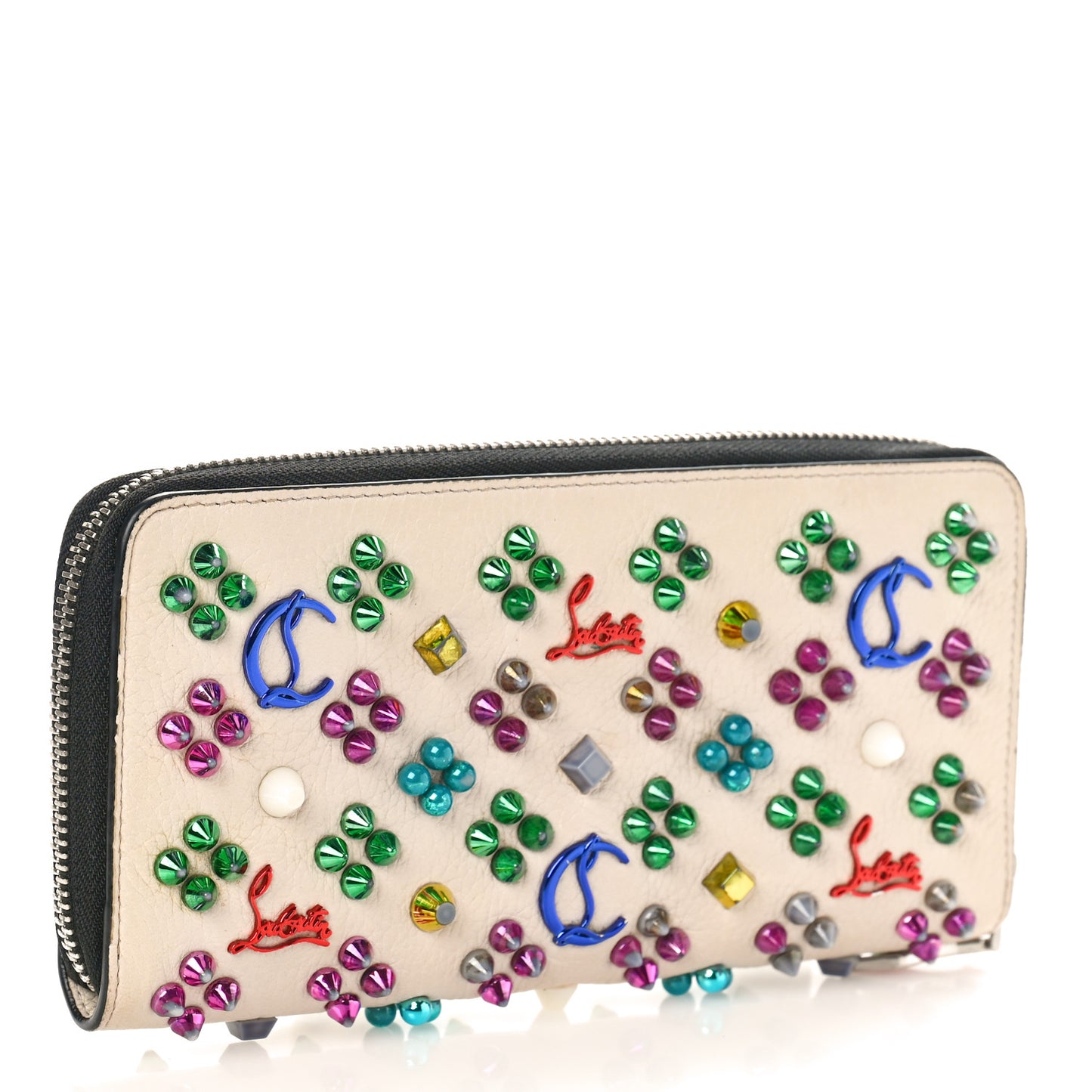 Calfskin Panettone Spiked Zip Around Wallet Ivory