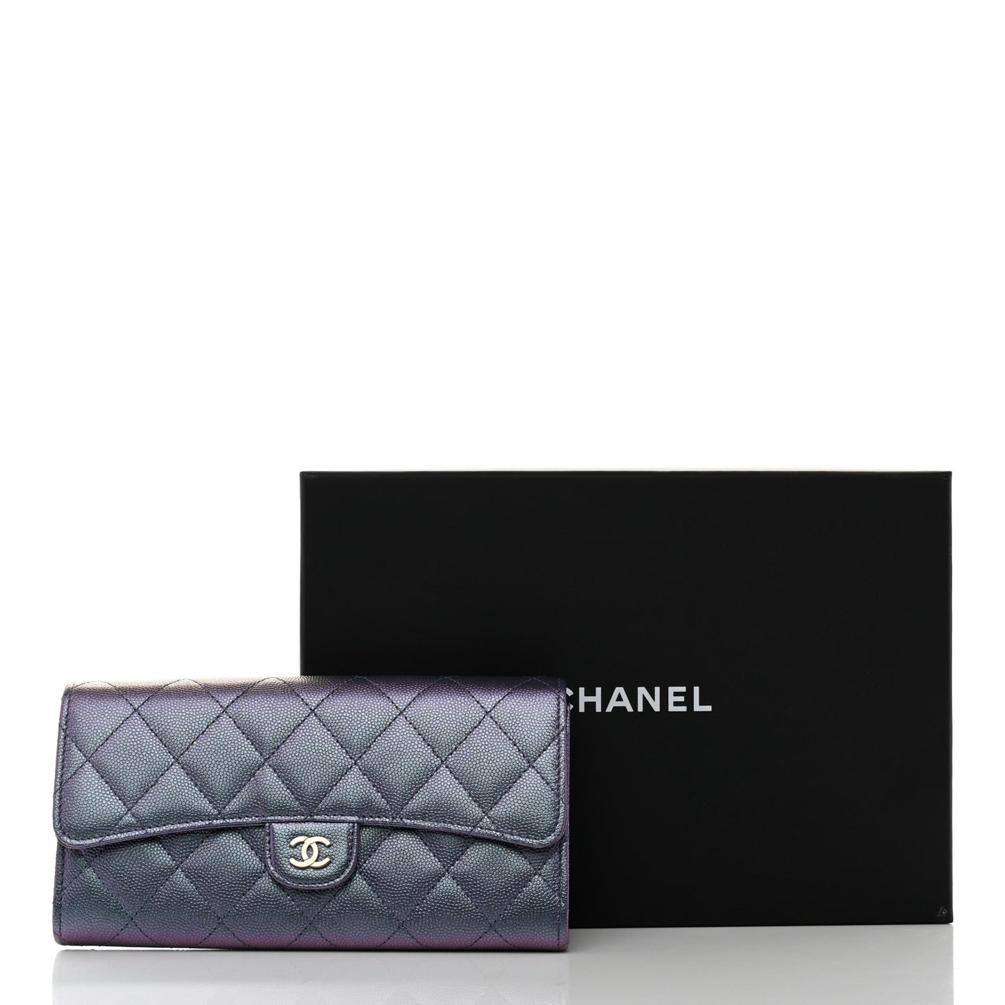 Iridescent Caviar Quilted Large Gusset Flap Wallet Dark Blue
