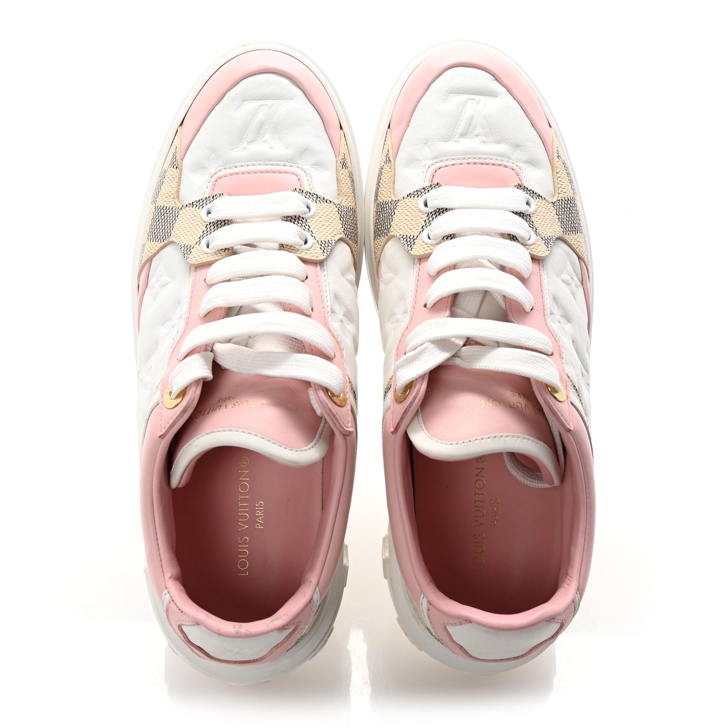 Monogram Embossed Calfskin Damier Azur Time Out Sneakers 38.5 Rose Clair Pink