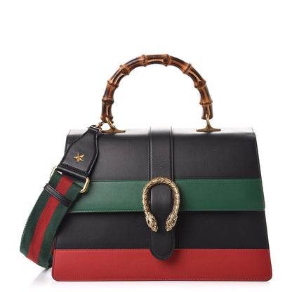 Gucci Calfskin Bamboo Web Large Dionysus Top Handle Bag Black Bright Evergreen Hibiscus Red 1 of 12