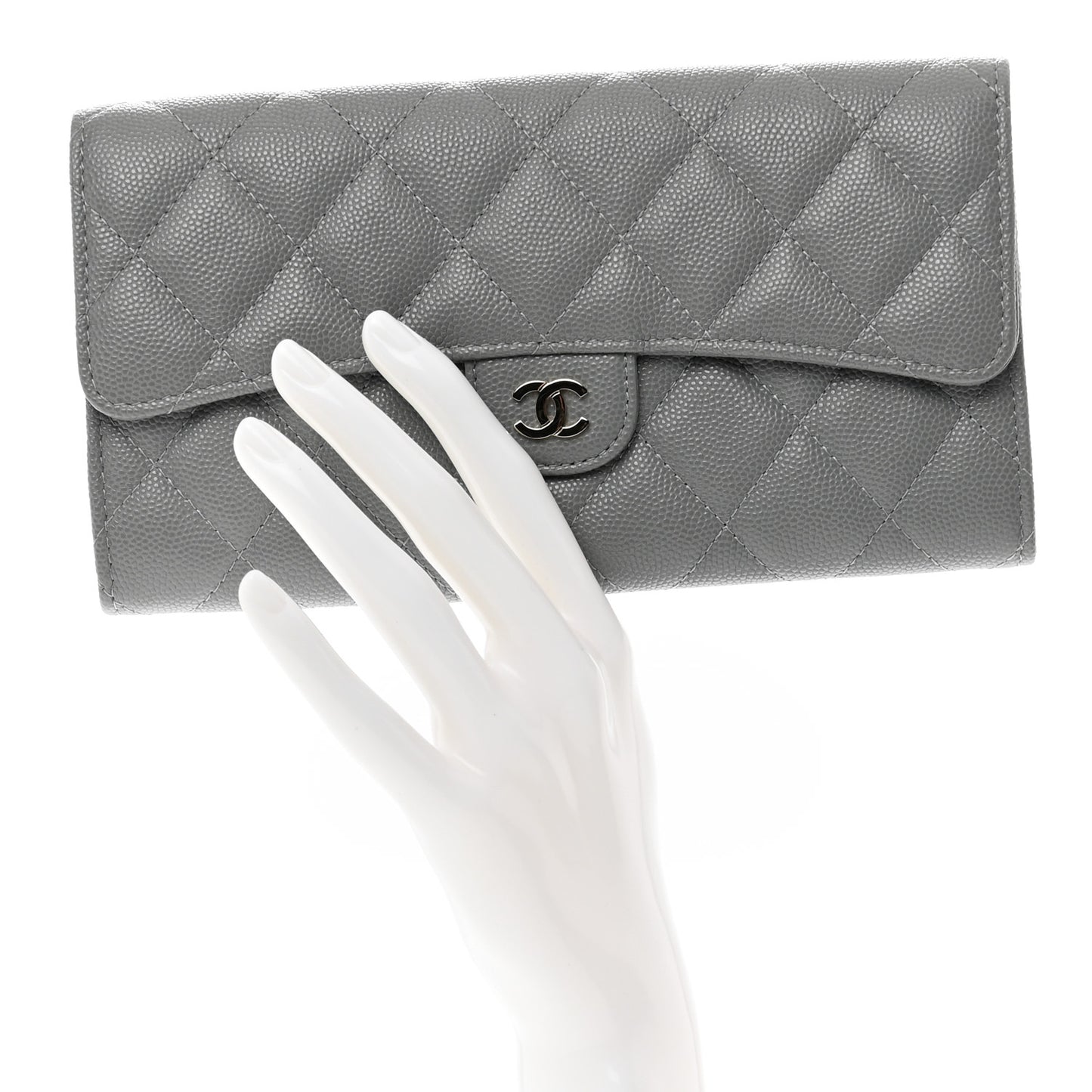 Caviar Quilted Large Gusset Flap Wallet Grey