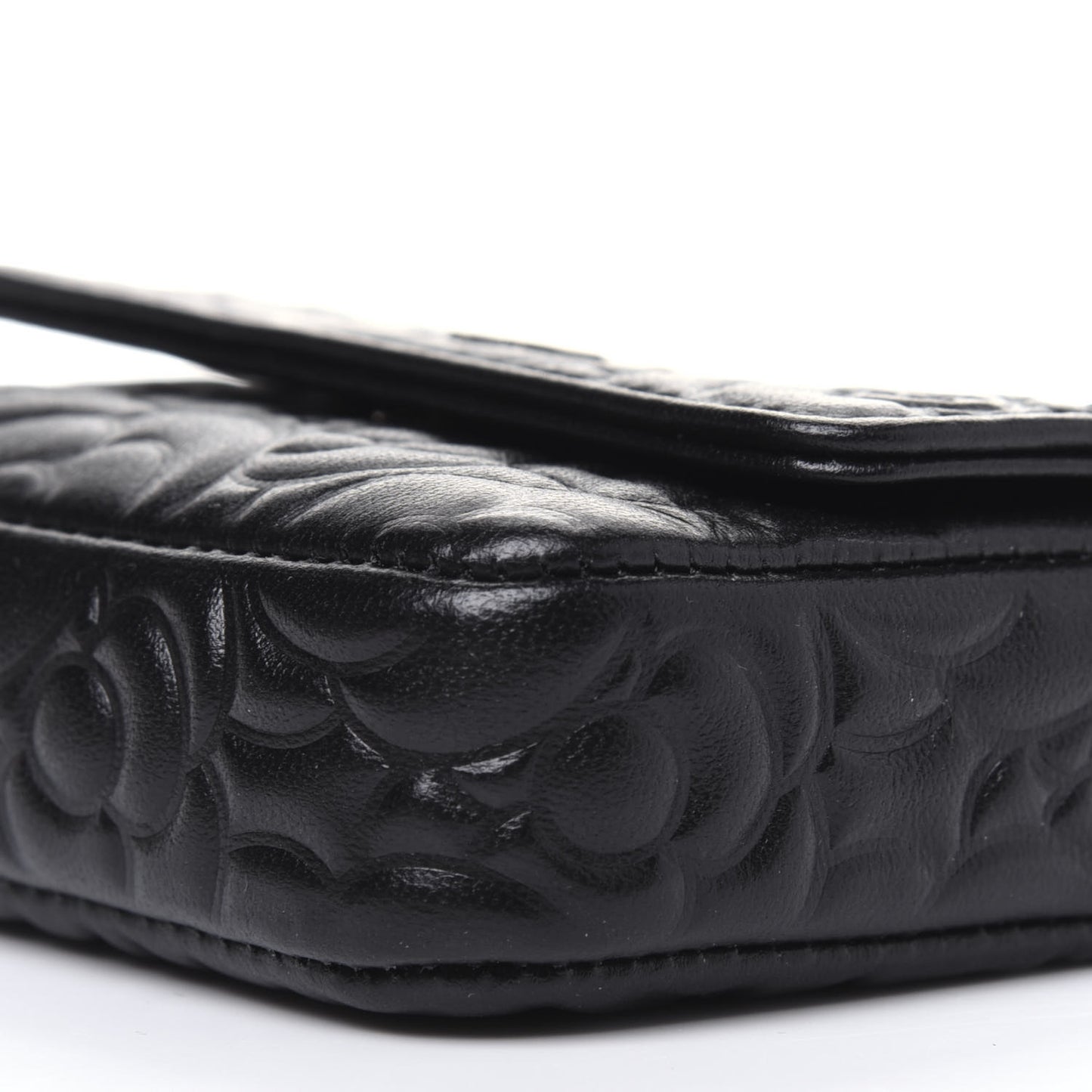 Lambskin Camellia Embossed Chain Belt Bag Black