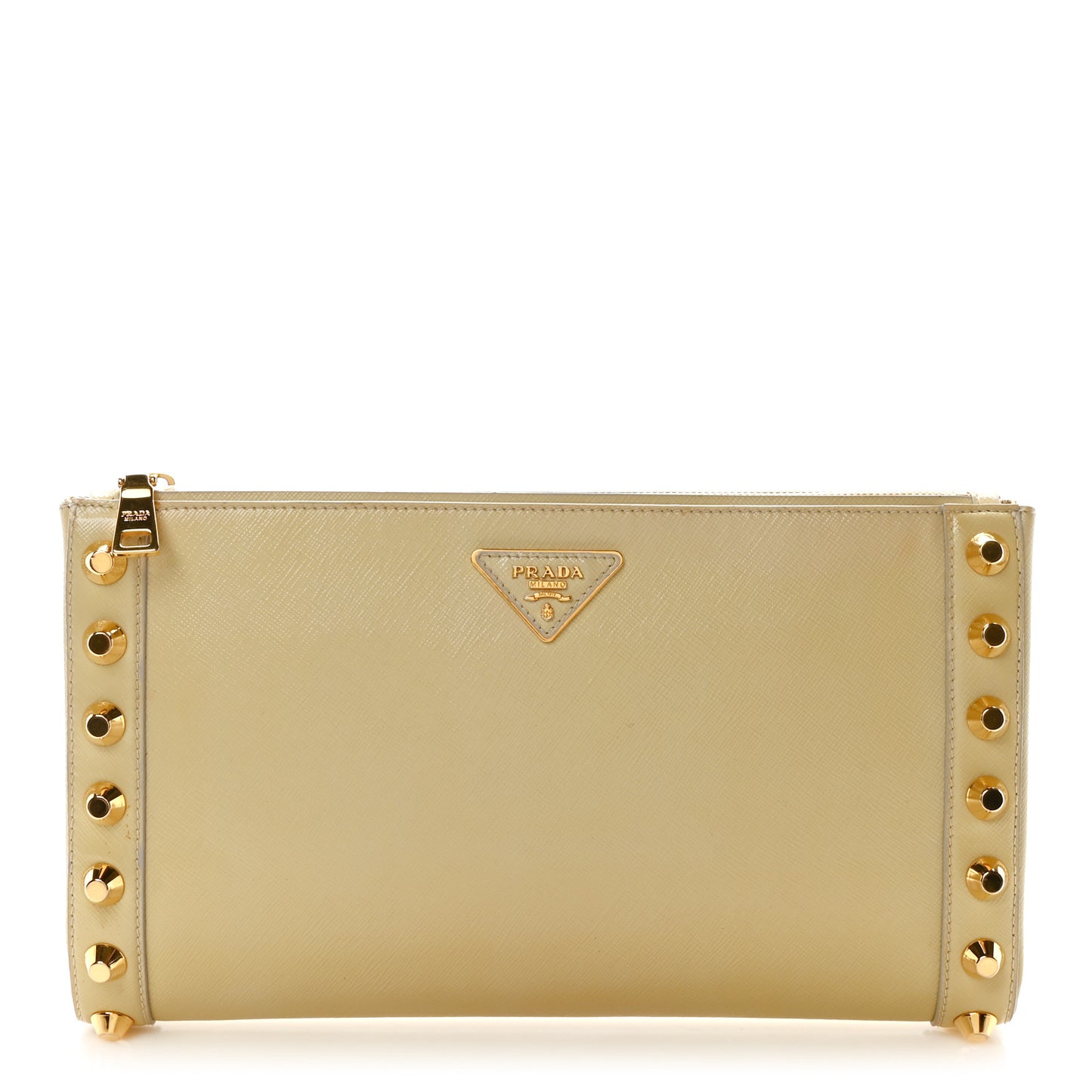 Prada Saffiano Vernice Studded Clutch Talco 1702329 – FASHIONPHILE