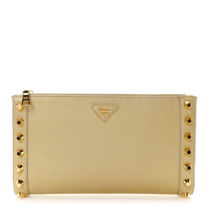 Prada Saffiano Vernice Studded Clutch Talco 1 of 10