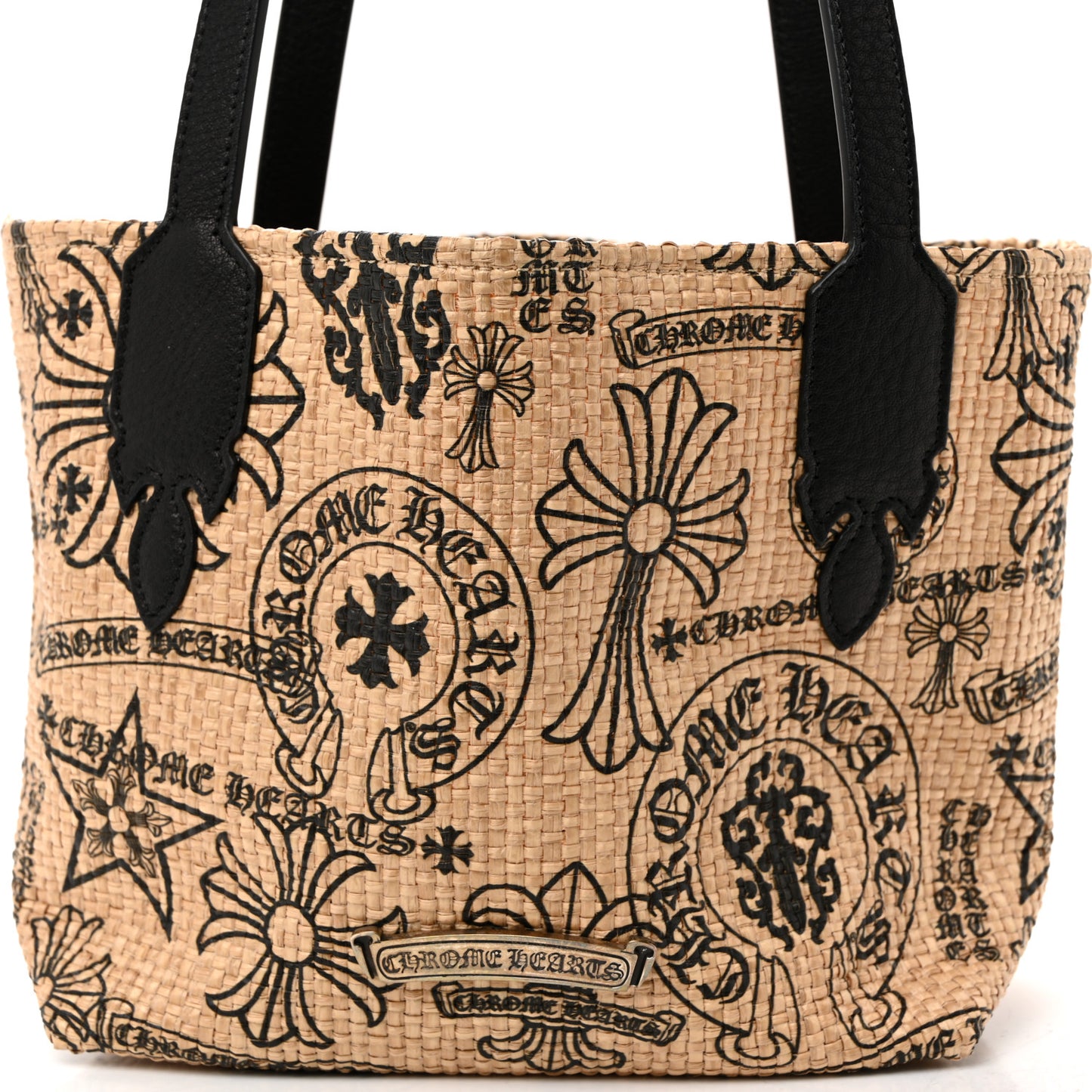 Grained Calfskin Raffia Small Cross Tote Natural Black