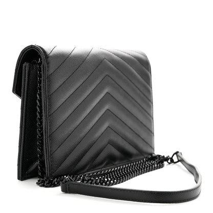 Saint Laurent Grain De Poudre Matelasse Chevron Monogram Monochrome Envelope Chain Wallet Black 3 of 12