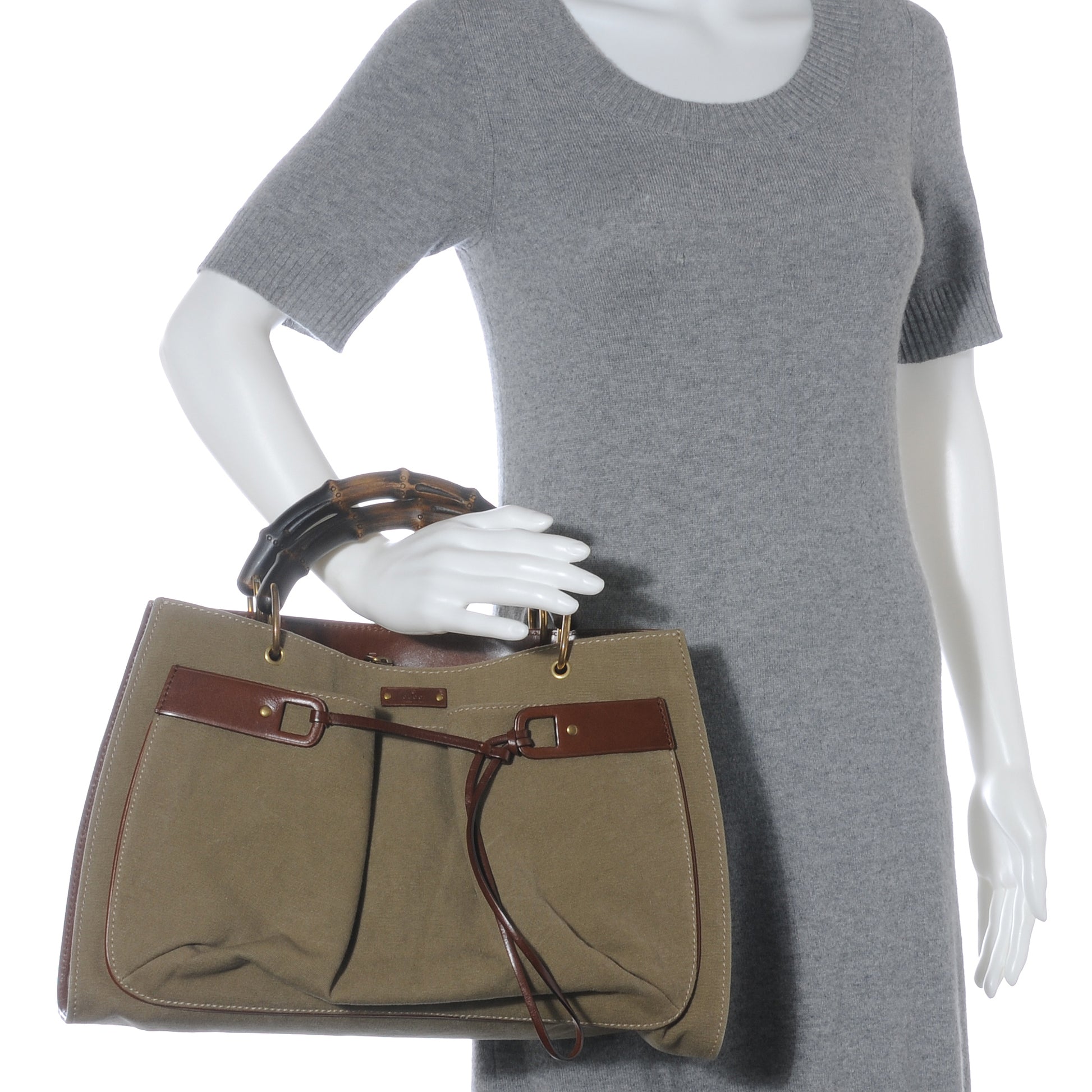 Gucci Canvas Bamboo Handle Drawstring Bag Olive 2 of 7
