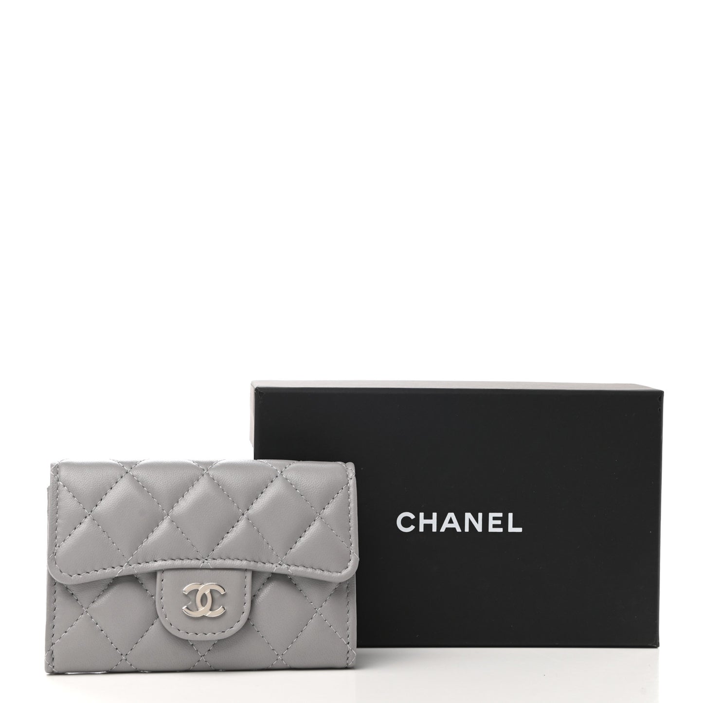 Lambskin Quilted Flap Card Holder Wallet Grey