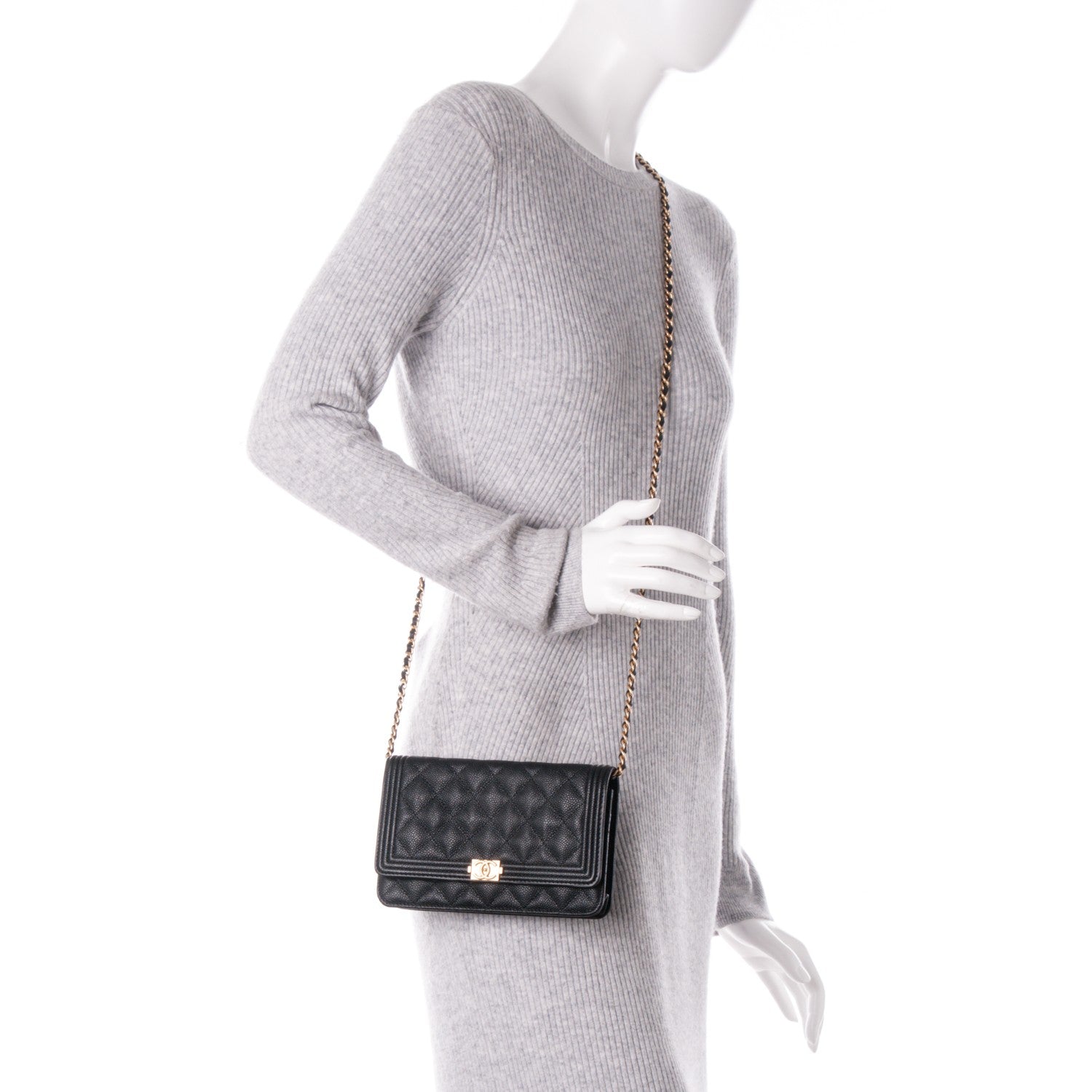 Chanel Caviar Quilted Boy Wallet On Chain WOC Black 2 of 8