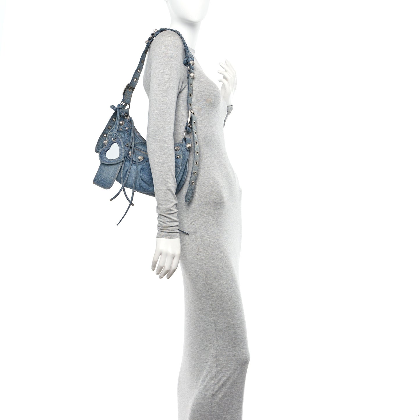 Washed Frayed Denim Crystal Small Le Cagole Shoulder Bag Blue