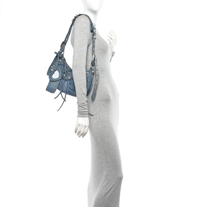 Balenciaga Washed Frayed Denim Crystal Small Le Cagole Shoulder Bag Blue 2 of 11