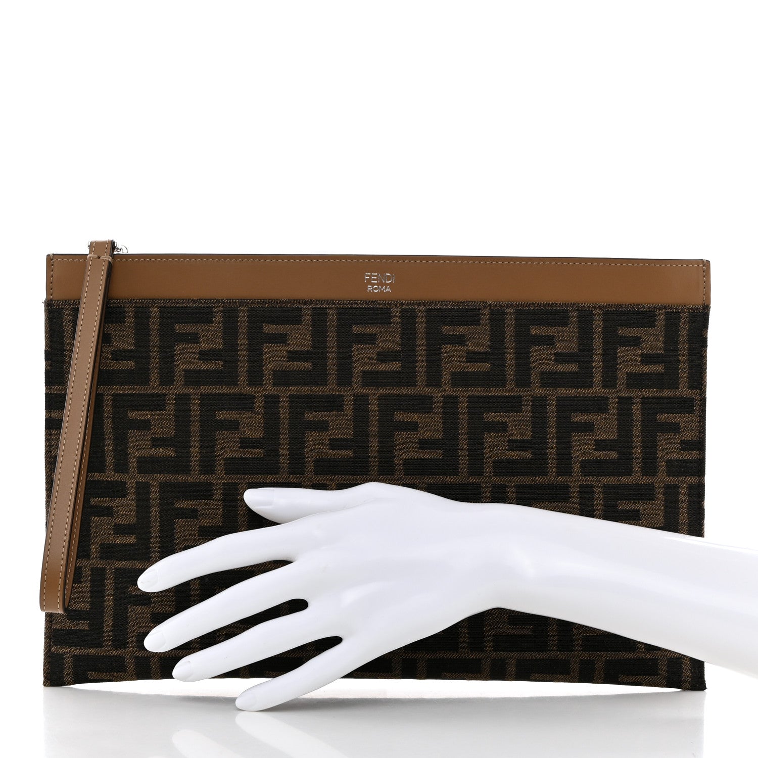 Fendi Vitello King Jacquard FF 1974 Medium Flat Pouch Tobacco Moro Sand 2 of 7