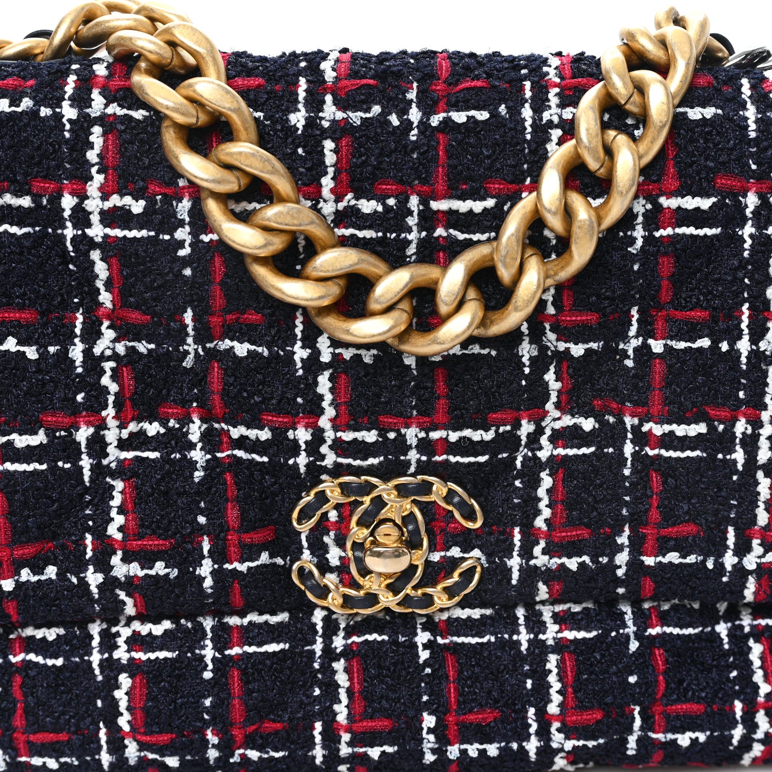 Chanel Tweed Quilted Large Chanel 19 Flap Navy Blue White Red 8 of 12